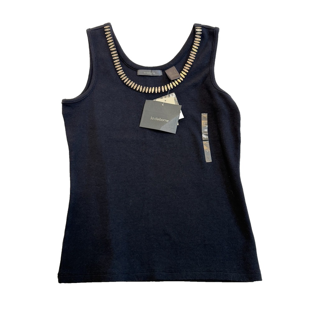 Liz Claiborne black ribbed stretch tank top silver details‎ Size Small NWT